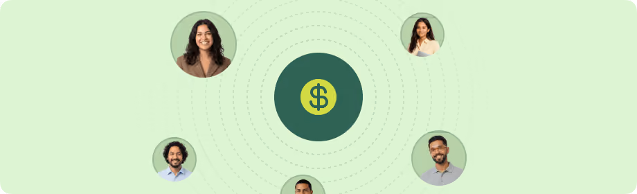 Five diverse people connected around a central dollar sign symbol on a green background.