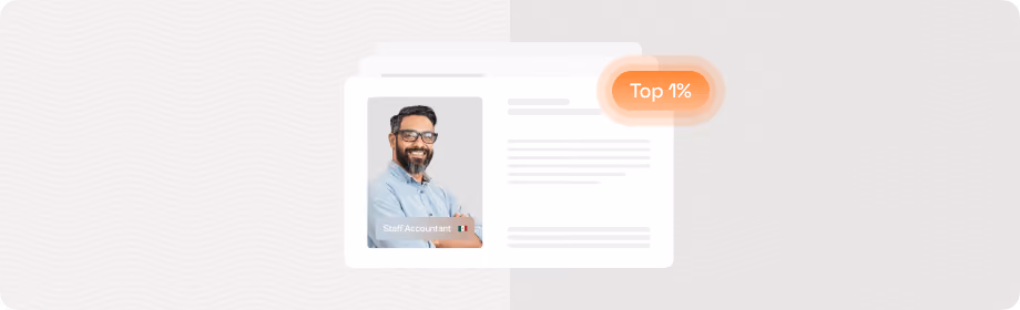 Profile card of a smiling staff accountant labeled Top 1% with photo and brief text details.