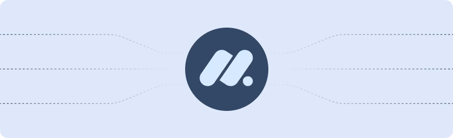 Dark blue circle with a stylized letter M logo and four dotted curved lines extending outward in pairs.