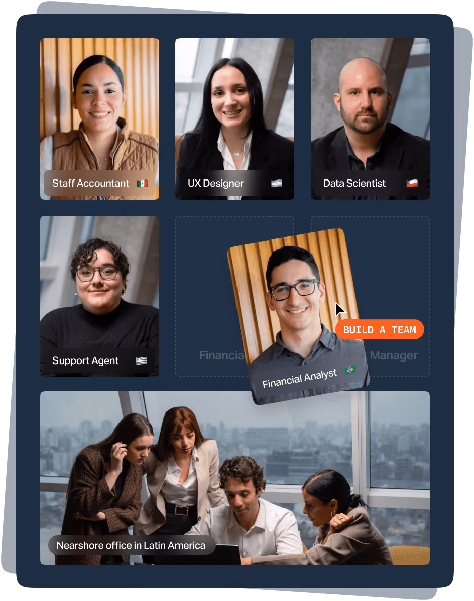 Portraits of diverse professionals with job titles and flags, plus a team working in a Latin America office.