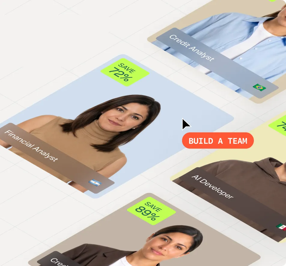Profiles of pre-vetted Latin American professionals with their roles and cost savings