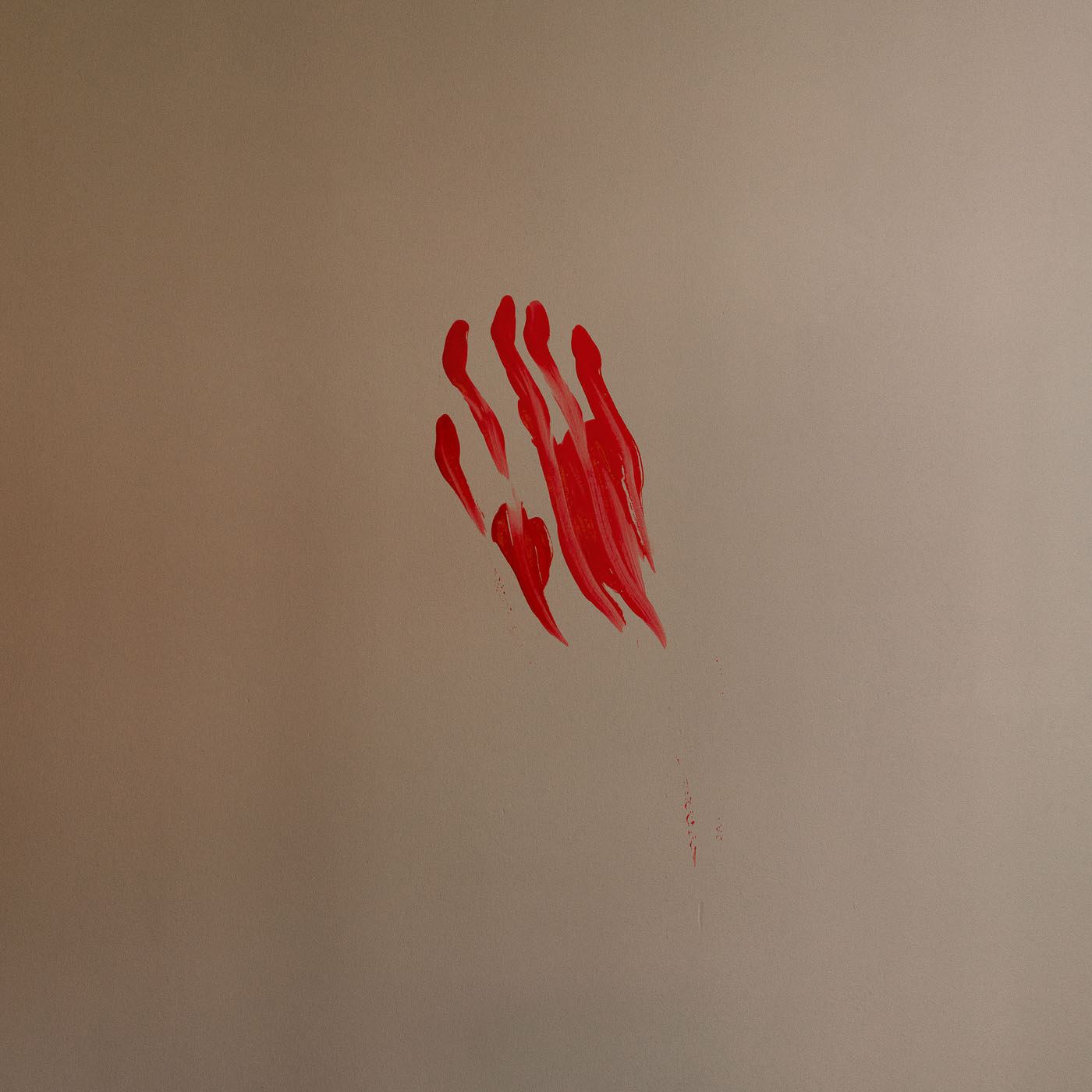 Imagen del díptico Vista del proyecto Inconsciente de Elisa Blaz. Muestra la huella roja de una mano en una pared.