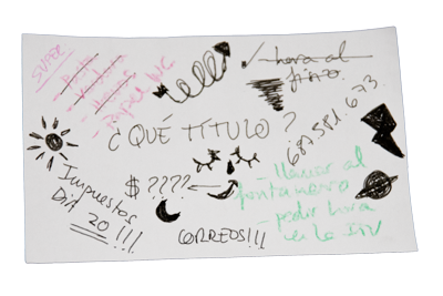 A white sheet with colorful handwritten doodles and notes including a sun, lightning bolt, dollar signs, and various Spanish words and phrases.