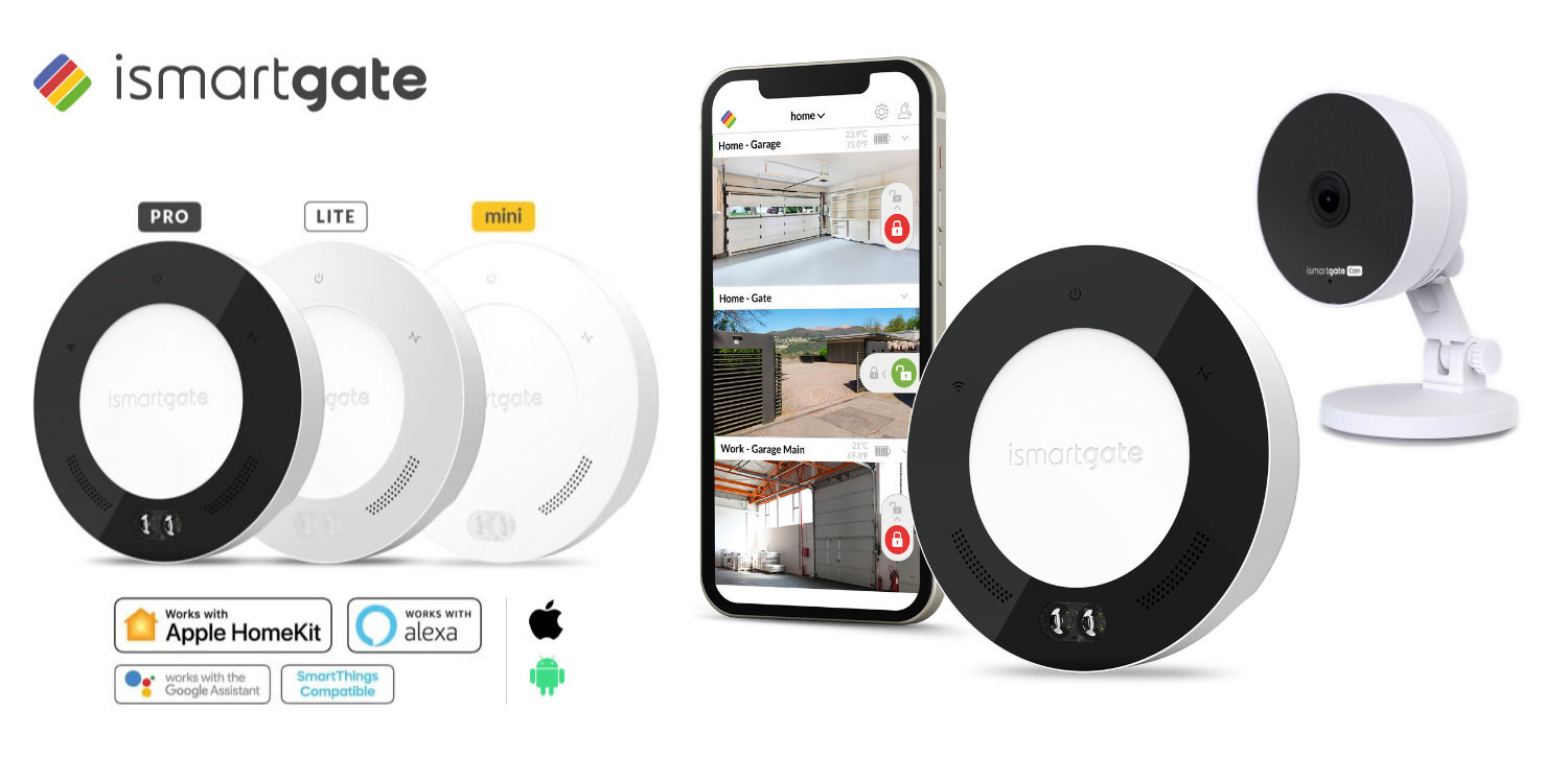 Bilde av forskjellige ismartgate-enheter (Pro, Lite og Mini). Bilde av en mobil med ismartgate-appen oppe. Bilde av et IP-kamera