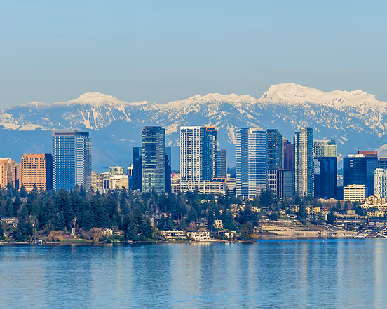 City skyline with modern buildings by water and snow-capped mountains in the background under a clear sky.
