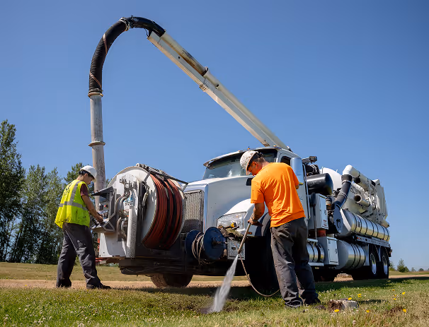 Two workers in safety gear operate a large vacuum truck on a grassy field under clear blue sky.