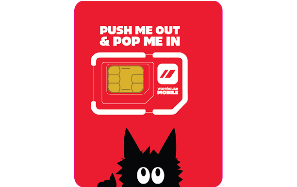 Example of what a Warehouse Mobile SIM looks like, a red plastic card with SIM cards cutout, and Wolfie peeking up from the bottom of the card pointing up at the cutouts.