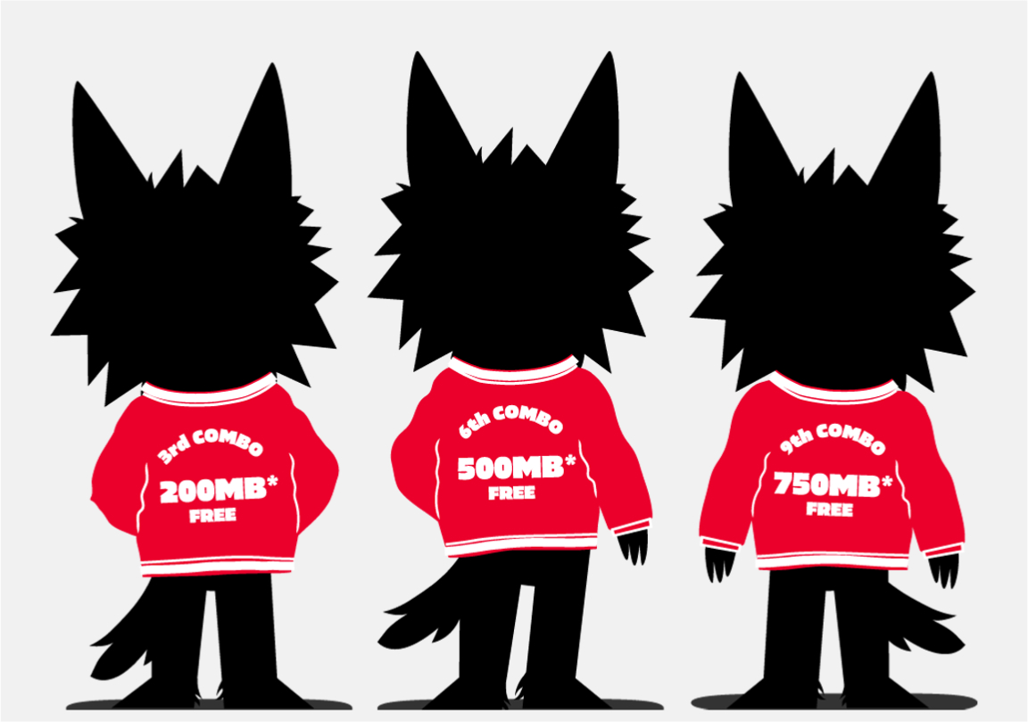 Wolfie and his pals on a grey background, facing away with red jackets on