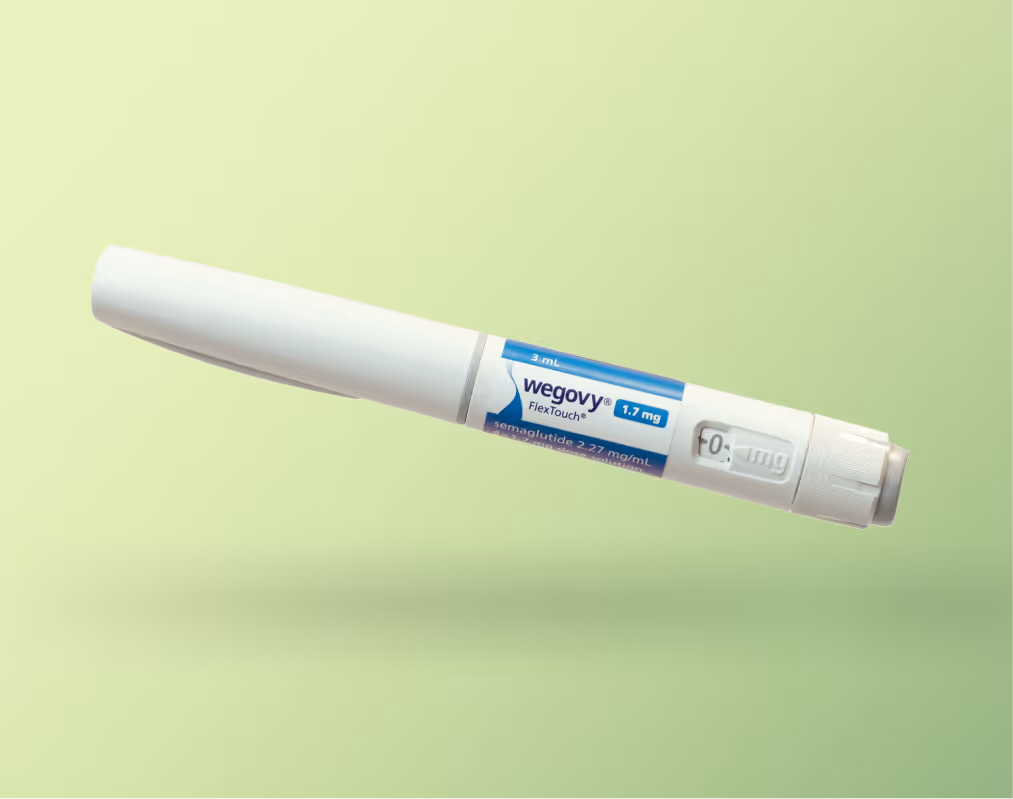 Wegovy FlexTouch injection pen with blue label indicating 1.7 mg dosage.