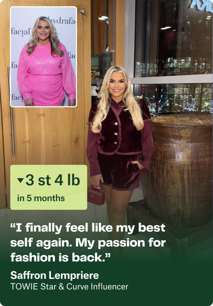 Before and after photos of a woman named Saffron Lempriere showing weight loss of 3 st 4 lb in 5 months; she is smiling in both images, wearing a pink dress in the before photo and a maroon velvet outfit in the after photo, with a quote about feeling her best self and passion for fashion restored.