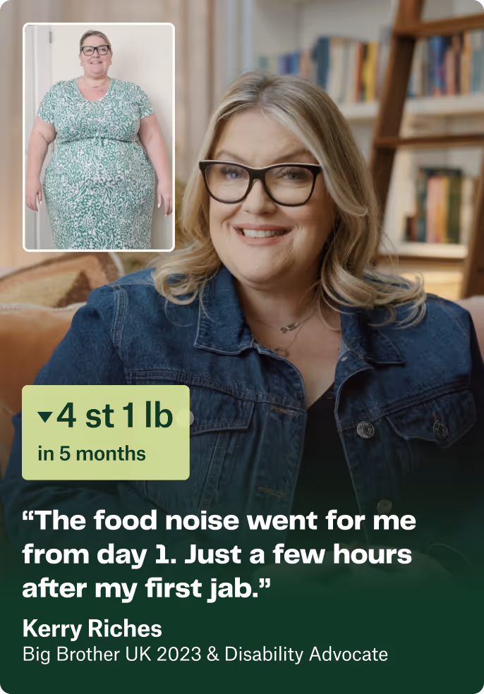 Portrait of Kerry Riches smiling, wearing glasses and a denim jacket, with a smaller inset photo showing her before weight loss; text highlights her 4 st 1 lb weight loss in 5 months and a quote about food noise reduction after her first jab.