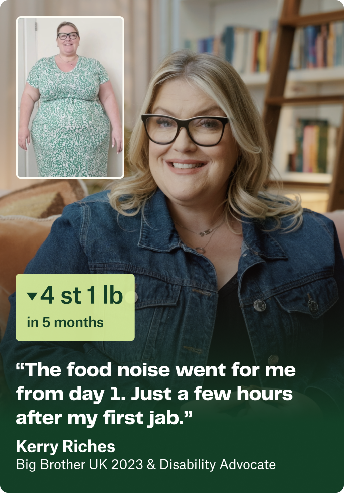 Portrait of Kerry Riches smiling, wearing glasses and a denim jacket, with a smaller inset photo showing her before weight loss; text highlights her 4 st 1 lb weight loss in 5 months and a quote about food noise reduction after her first jab.