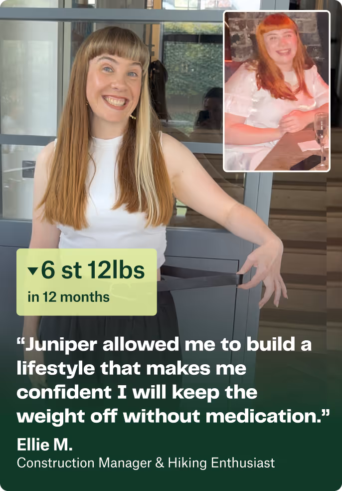 Smiling woman in a white sleeveless top showing loose black pants indicating weight loss, with inset photo of her previous appearance; text highlights 6 st 12 lbs lost in 12 months and a testimonial about building confidence to keep weight off without medication.