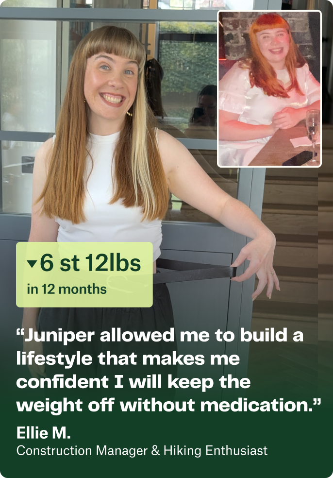 Smiling woman in a white sleeveless top showing loose black pants indicating weight loss, with inset photo of her previous appearance; text highlights 6 st 12 lbs lost in 12 months and a testimonial about building confidence to keep weight off without medication.