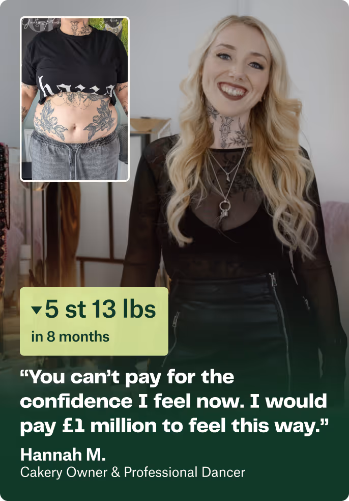 Smiling blonde woman with tattoos wearing a black mesh top and leather skirt, with inset photo showing tattooed midriff, highlighting a weight loss of 5 st 13 lbs in 8 months, alongside a testimonial quote.