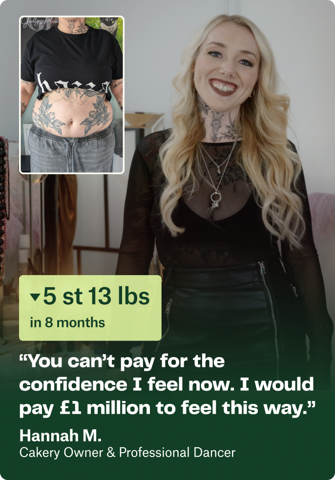 Smiling blonde woman with tattoos wearing a black mesh top and leather skirt, with inset photo showing tattooed midriff, highlighting a weight loss of 5 st 13 lbs in 8 months, alongside a testimonial quote.