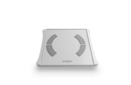 White Juniper body composition scale with four gray sensor pads and digital display on top.