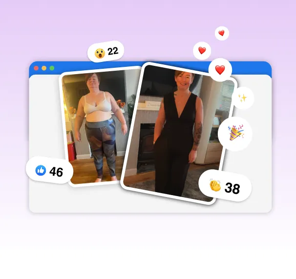 Side-by-side photos showing a woman before and after a physical transformation, with social media reaction icons and counts like likes, hearts, and applause around the images.