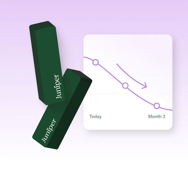 Two green rectangular blocks labeled 'Juniper' next to a graph showing a downward trend from today to month 3.