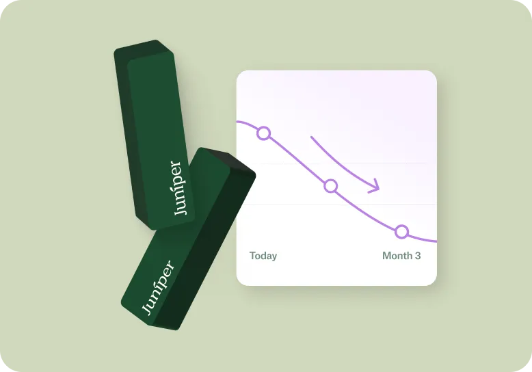 Two stacked green blocks labeled 'Juniper' next to a line graph showing a downward trend from Today to Month 3.