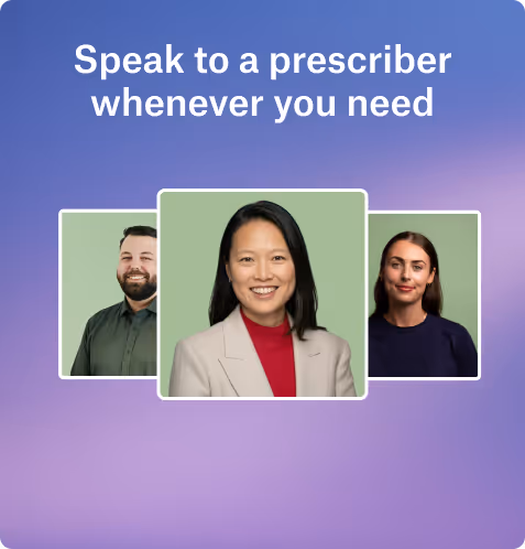 Three smiling clinicians with a green background under text reading 'Clinician-prescribed plans tailored to your body' on a purple gradient background.