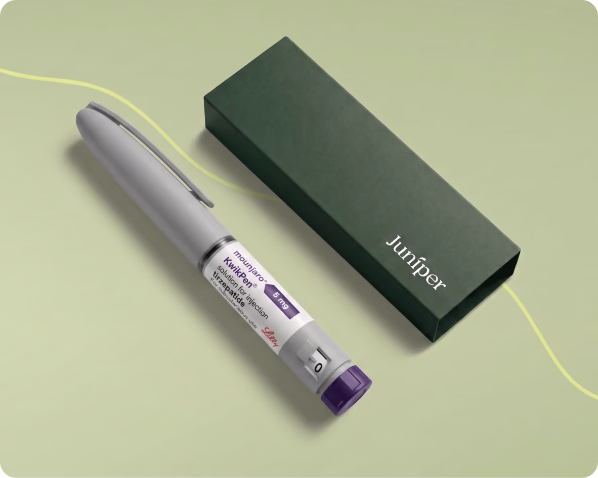Closed Mounjaro KwikPen 2.5 mg injection pen with purple cap against a light green background.