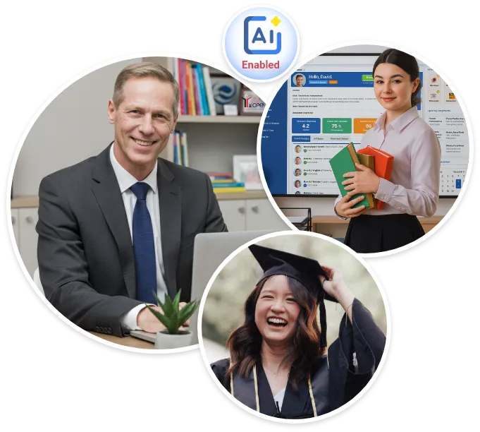 Collage showing three circular images connected under an 'AI Enabled' badge