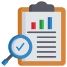 Clipboard with a bar chart and checklist, accompanied by a magnifying glass with a checkmark.