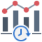 Icon of a bar chart with four bars and a clock overlay, representing real-time data or analytics.