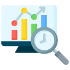 Computer screen displaying colorful bar and line charts with a magnifying glass focusing on a clock icon.