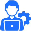 Icon of a person working on a laptop with a gear symbol behind them, representing administrator or technical support.
