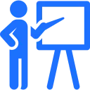 Blue icon of a person pointing at a presentation board on a stand.