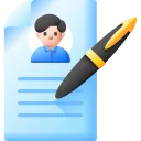 Document icon with a person’s avatar and a fountain pen, symbolizing form completion or enrollment.