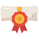 Rolled-up diploma tied with a red ribbon and gold seal.