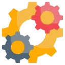 Three interconnected gears in orange, gray, and pink colors on a white background.