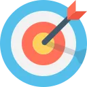 Arrow hitting the center of a blue and white target bullseye.