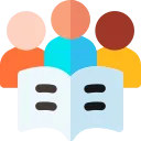 Three diverse students reading a large open book together.