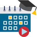 Calendar with a graduation cap above and a red play button, symbolizing online courses or educational videos.