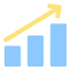Bar chart with three ascending bars and an upward arrow indicating growth.
