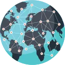 World map highlighting a global network with interconnected nodes spanning across continents.