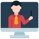 Illustration of a tutor or teacher on a computer screen wearing a red shirt and yellow tie, holding a pointer.