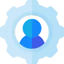 Blue user profile icon inside a light blue gear symbolizing user settings.
