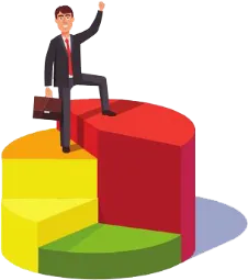 Businessman standing triumphantly on a multi-colored 3D pie chart, holding a briefcase and raising one arm.