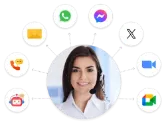 Smiling woman with dark hair surrounded by icons representing email, WhatsApp, Messenger, phone, Zoom, and Google Meet communication apps.