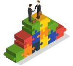 Two businessmen shaking hands atop colorful ascending puzzle-piece stairs symbolizing partnership and growth.