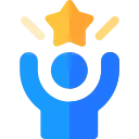 Blue figure with raised arms below an orange star with rays.