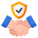 Two hands shaking with a shield featuring a checkmark above, symbolizing trust and agreement.