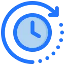 Blue clock icon with an arrow circling around it, symbolizing 24-hour service or continuous operation.