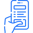 Blue line icon of a hand holding a smartphone displaying a list with text lines and a rectangular header.