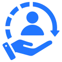 Blue icon of a hand holding a person symbol with a circular arrow around it, representing customer service or support.